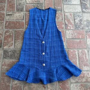 Zara Tweed Ruffle Mini Dress Blue Button V-Neck Sleeveless Size S